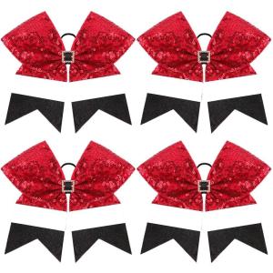 image4pcs Christmas Large Cheer Hair Bows7Inch Xmas Boutique Cheerleader Bows Accessories with Shiny Squares Hair Bows Elastic for Women Kids Toddlers TeensRed white and black