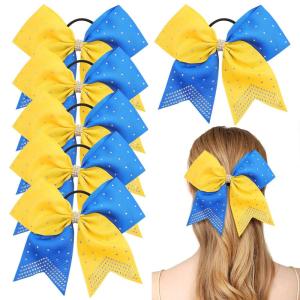 image6PCS 8quot Large Cheer Hair Bows Ponytail Holder Rhinestones Cheerleader Bows with Elastic Band Hair Tie Handmade for Cheerleading Teen Girls College Sports WhiteRedYellowRoyal Blue