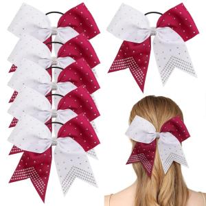 image6PCS 8quot Large Cheer Hair Bows Ponytail Holder Rhinestones Cheerleader Bows with Elastic Band Hair Tie Handmade for Cheerleading Teen Girls College Sports WhiteRedWhiteMaroon