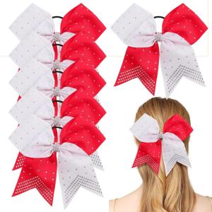 image6PCS 8quot Large Cheer Hair Bows Ponytail Holder Rhinestones Cheerleader Bows with Elastic Band Hair Tie Handmade for Cheerleading Teen Girls College Sports WhiteRedWhiteRed