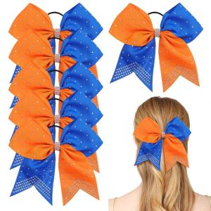 image6PCS 8quot Large Cheer Hair Bows Ponytail Holder Rhinestones Cheerleader Bows with Elastic Band Hair Tie Handmade for Cheerleading Teen Girls College Sports WhiteRedOrangeRoyal Blue