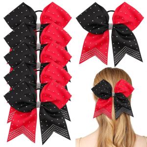 image6PCS 8quot Large Cheer Hair Bows Ponytail Holder Rhinestones Cheerleader Bows with Elastic Band Hair Tie Handmade for Cheerleading Teen Girls College Sports WhiteRedBlackRed