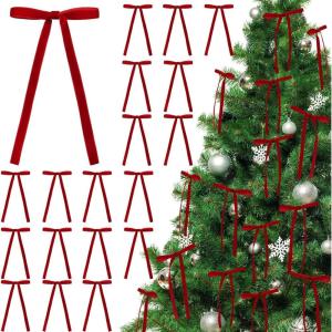 imageOAOLEER 30pcs Velvet Bows for Christmas Tree Christmas Wreath Garland Bow Rustic Crafts Present Bows Vintage 38inch Velvet Ribbon for Xmas Home Outdoor Indoor KhakiRed