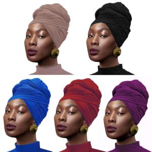 imageOAOLEER 5 Pieces Stretch Jersey Turban Head Wrap Knit Headwraps Urban Hair Scarf Solid Color Ultra Soft Extra Long Breathable Head Band Tie for Women