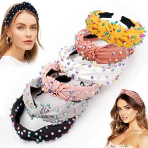 imageOAOLEER 6 Pack Womens Colorful Pearl Headbands Knotted Vintage Wide Hair Hoops