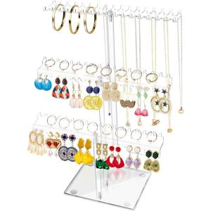 imageOAOLEER Acrylic Necklace Organizer Clear Necklace Holder Stand Jewelry Organizer Display Hanger Rack with Bilateral Hooks for Necklaces Pendant Bracelets RingTall 137In3 Layers