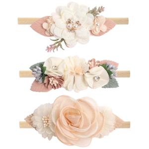 imageOAOLEER Baby Girl Floral Headbands Set 3pcs Flower Headbands Nylon Elastic Hair Band for Infant Newborn Toddler Hair Accessories