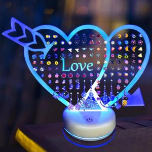imageOAOLEER LED Earring Organizer128 Holes Light Heart Stud Earrings Holder StandAcrylic Clear Earring Storage BoardGirls Jewelry Dressing Table Earring Studs Display Rack HeartHeart