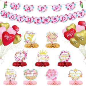 imageOAOLEER Mothers Day Party Decorations Supplies Set Include 15pcs Banners ampamp 9PCS Mothers Day Honeycomb Centerpiece Table Decorations ampamp18pcs Mothers Day Balloons