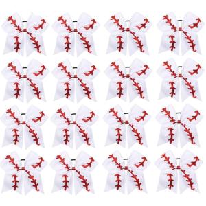 image16PCS 8quot Large Cheer Hair Bows Ponytail Holder Elastic Band Handmade for Cheerleading Teen Girls College Sports White 1 Count Pack of 16Baseball White