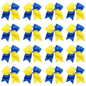 image16PCS 8quot Large Cheer Hair Bows Ponytail Holder Elastic Band Handmade for Cheerleading Teen Girls College Sports White 1 Count Pack of 16Royal BlueYellow