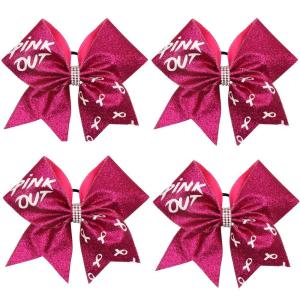 imageOaoleer Hair Bow 4PCS 77 inches 18cm Breast Cancer Awareness Cheerleader Bow with Ponytail Holder for Breast Cancer Month PU Pink BGlitter Cheer Bows