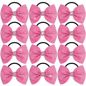 imageOAOLEER 12PCS Glitter Cheer Hair Bows for Cheerleading Cheer Bow with Ponytail Holder for Teen Girls Cheerleader WhitePink