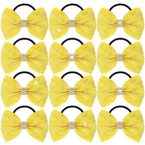 imageOAOLEER 12PCS Glitter Cheer Hair Bows for Cheerleading Cheer Bow with Ponytail Holder for Teen Girls Cheerleader WhiteYellow