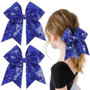 imageOAOLEER 2PCS Glitter Cheer Hair Bow Clips for Girls 7 inch Red Sequin Large Hair Bows Hair Accessories for Girls Teen Softball Cheerleader RedBlue
