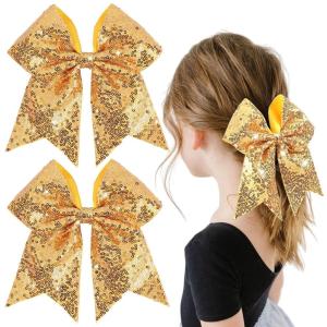 imageOAOLEER 2PCS Glitter Cheer Hair Bow Clips for Girls 7 inch Red Sequin Large Hair Bows Hair Accessories for Girls Teen Softball Cheerleader RedGold