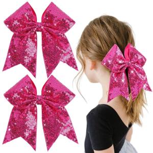 imageOAOLEER 2PCS Glitter Cheer Hair Bow Clips for Girls 7 inch Red Sequin Large Hair Bows Hair Accessories for Girls Teen Softball Cheerleader RedHot Pink