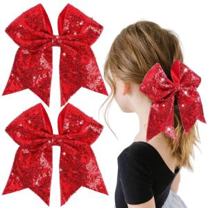 imageOAOLEER 2PCS Glitter Cheer Hair Bow Clips for Girls 7 inch Red Sequin Large Hair Bows Hair Accessories for Girls Teen Softball Cheerleader RedRed