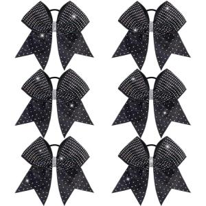 imageOAOLEER 6PCS Glitter Cheer Hair Bows for Cheerleading Shiny Rhinestones Large Jumbo Cheer Bow with Ponytail Holder for Teen Girls Cheerleader BlackBlack