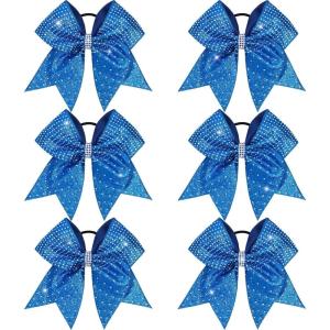 imageOAOLEER 6PCS Glitter Cheer Hair Bows for Cheerleading Shiny Rhinestones Large Jumbo Cheer Bow with Ponytail Holder for Teen Girls Cheerleader BlackBlue