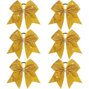 imageOAOLEER 6PCS Glitter Cheer Hair Bows for Cheerleading Shiny Rhinestones Large Jumbo Cheer Bow with Ponytail Holder for Teen Girls Cheerleader BlackGold