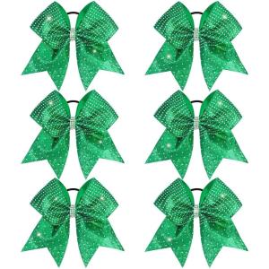 imageOAOLEER 6PCS Glitter Cheer Hair Bows for Cheerleading Shiny Rhinestones Large Jumbo Cheer Bow with Ponytail Holder for Teen Girls Cheerleader BlackGreen