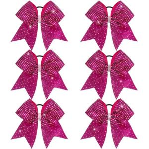 imageOAOLEER 6PCS Glitter Cheer Hair Bows for Cheerleading Shiny Rhinestones Large Jumbo Cheer Bow with Ponytail Holder for Teen Girls Cheerleader BlackHot Pink