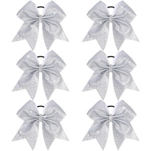 imageOAOLEER 6PCS Glitter Cheer Hair Bows for Cheerleading Shiny Rhinestones Large Jumbo Cheer Bow with Ponytail Holder for Teen Girls Cheerleader BlackSilver