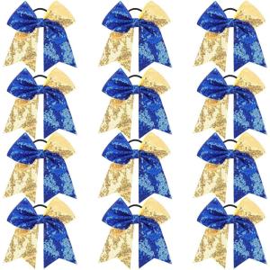 imageOaoleer 12PCS 7quot Large Glitter Cheer Hair Bows Ponytail Holder Elastic Band Handmade for Cheerleading Teen Girls College Sports Sequin Mixedcolor 12PCSSequin  Blue  Gold