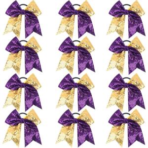imageOaoleer 12PCS 7quot Large Glitter Cheer Hair Bows Ponytail Holder Elastic Band Handmade for Cheerleading Teen Girls College Sports Sequin Mixedcolor 12PCSSequin  Purple  Gold