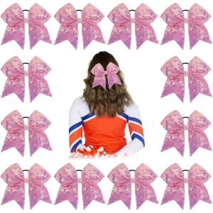 imageOaoleer 12PCS 7quot Large Glitter Cheer Hair Bows Ponytail Holder Elastic Band Handmade for Cheerleading Teen Girls College Sports Sequin Mixedcolor 12PCSCandy Pink