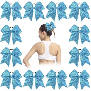 imageOaoleer 12PCS 7quot Large Glitter Cheer Hair Bows Ponytail Holder Elastic Band Handmade for Cheerleading Teen Girls College Sports Sequin Mixedcolor 12PCSIsland Blue