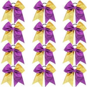 imageOaoleer 12PCS 7quot Large Glitter Cheer Hair Bows Ponytail Holder Elastic Band Handmade for Cheerleading Teen Girls College Sports Sequin Mixedcolor 12PCSGlitter  Purple  Gold