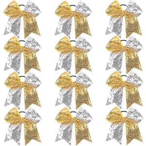 imageOaoleer 12PCS 7quot Large Glitter Cheer Hair Bows Ponytail Holder Elastic Band Handmade for Cheerleading Teen Girls College Sports Sequin Mixedcolor 12PCSSequin  Gold  Silver