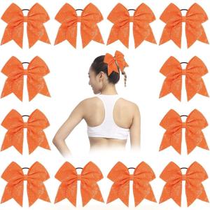 imageOaoleer 12PCS 7quot Large Glitter Cheer Hair Bows Ponytail Holder Elastic Band Handmade for Cheerleading Teen Girls College Sports Sequin Mixedcolor 12PCSOrange