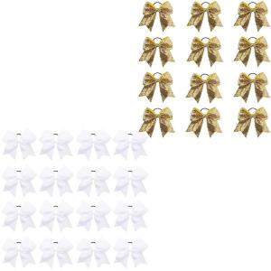 image16PCS 8quot White ampamp 12PCS 7quot Gold Glitter Large Cheer Hair Bows Ponytail Holder Elastic Band Handmade for Cheerleading Teen Girls College Sports