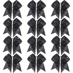 imageOaoleer 12PCS Glitter Cheer Hair Bows for Cheerleading 7inch Large Jumbo Cheer Bow with Ponytail Holder for Teen Girls Softball Cheerleader BlueBlack