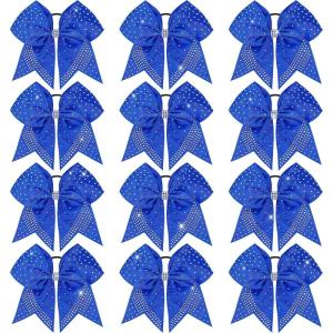 imageOaoleer 12PCS Glitter Cheer Hair Bows for Cheerleading 7inch Large Jumbo Cheer Bow with Ponytail Holder for Teen Girls Softball Cheerleader BlueBlue