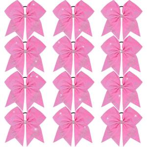 imageOaoleer 12PCS Glitter Cheer Hair Bows for Cheerleading 7inch Large Jumbo Cheer Bow with Ponytail Holder for Teen Girls Softball Cheerleader BluePink