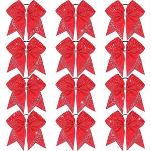 imageOaoleer 12PCS Glitter Cheer Hair Bows for Cheerleading 7inch Large Jumbo Cheer Bow with Ponytail Holder for Teen Girls Softball Cheerleader BlueRed
