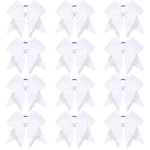 imageOaoleer 12PCS Glitter Cheer Hair Bows for Cheerleading 7inch Large Jumbo Cheer Bow with Ponytail Holder for Teen Girls Softball Cheerleader BlueWhite
