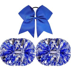 imageOaoleer 3pcs Cheerleading Pom Poms with Baton Handle Cheer Bows for Team Spirit Sports Dance Cheering Kids Adults Blue and SilverBlue and Silver