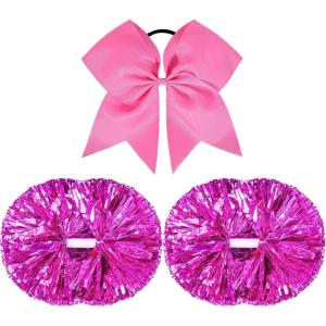imageOaoleer 3pcs Cheerleading Pom Poms with Baton Handle Cheer Bows for Team Spirit Sports Dance Cheering Kids Adults Blue and SilverHot Pink