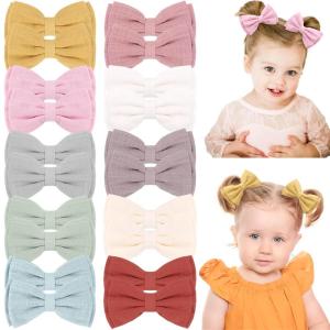 imageOAOLEER 20Pcs 35Inch Hair Bows Clips for Baby Girls Neutral Linen Pigtail Bows Double Bun Ponytail Bow Hair Barrettes Accessories for Babies Infant Toddlers Kids in Pairs Linen BowsB