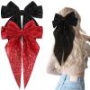 image2Pcs Big Glitter Layered Hair Bows for Women Girls 8 Inch Barrette Hair Clip Black Sliver Sparkly Large Long Bows Style Hair Accessories BlackSilverBlackRed