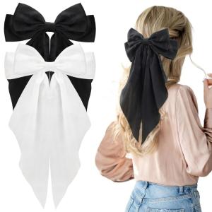 image2Pcs Big Glitter Layered Hair Bows for Women Girls 8 Inch Barrette Hair Clip Black Sliver Sparkly Large Long Bows Style Hair Accessories BlackSilverBlackWhite satin