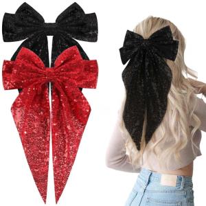image2Pcs Big Glitter Layered Hair Bows for Women Girls 8 Inch Barrette Hair Clip Black Sliver Sparkly Large Long Bows Style Hair Accessories BlackSilverBlackRed