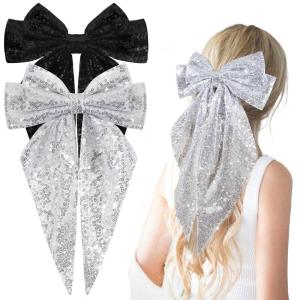 image2Pcs Big Glitter Layered Hair Bows for Women Girls 8 Inch Barrette Hair Clip Black Sliver Sparkly Large Long Bows Style Hair Accessories BlackSilverBlackSilver