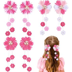 imageOAOLEER 6PCS Hair Bows for Girls Flower Hair Accessories for Girls Grosgrain Ribbon Bows With Alligator Clips Girl Hair Accessories for Kids Teen Back to School Flower BowsAFlower BowsPink