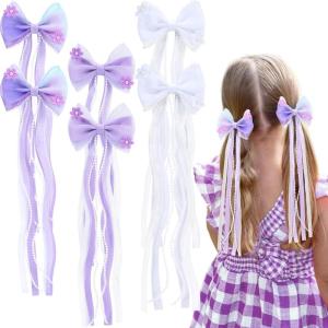 imageOAOLEER 6PCS Hair Bows for Girls Rainbow Tulle Flower Hair Accessories with Alligator Clips Pearl Long Tail for Toddler Kids Back to School PinkPurple